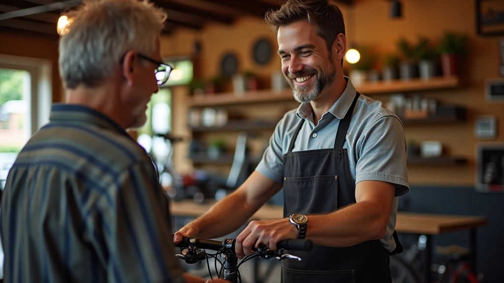 Personas de diferentes edades examinando bicicletas en una tienda colorida, sonriendo mientras conversan con el dueño