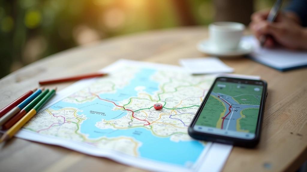 Mapa de papel con una ruta marcada en rojo, lápices de colores, y un teléfono móvil mostrando la app Strava en una mesa de madera