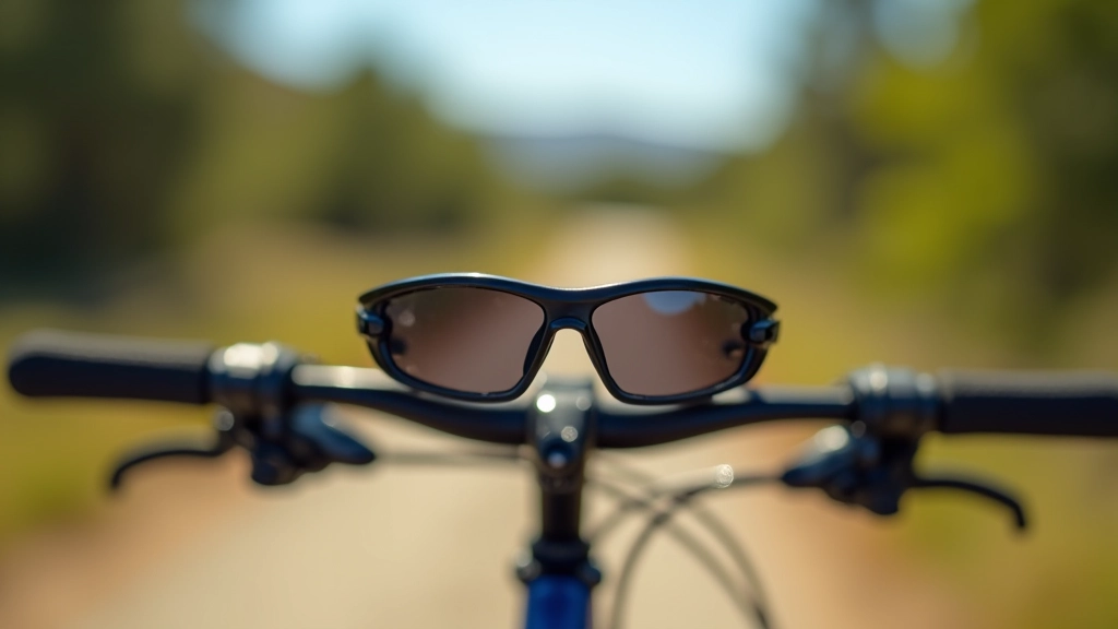 Gafas de ciclismo deportivas con lentes de policarbonato anti-UV, casco de fondo, sobre manillar de bicicleta