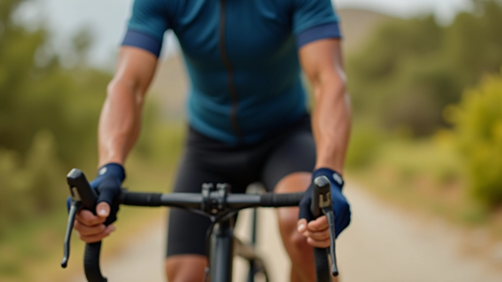 Ciclista vistiendo guantes de ruta con acolchado, maillot deportivo y pantalones de ciclismo, sosteniendo bicicleta en camino rural
