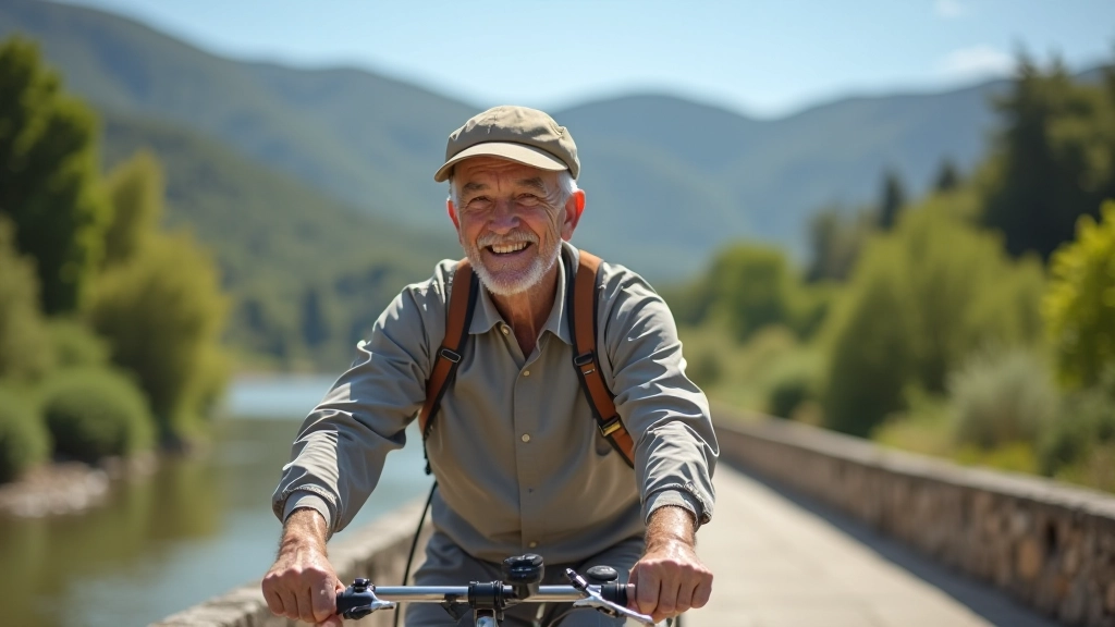 Ciclista jubilado sonriendo en una bicicleta sobre un puente de piedra con vistas al valle del río