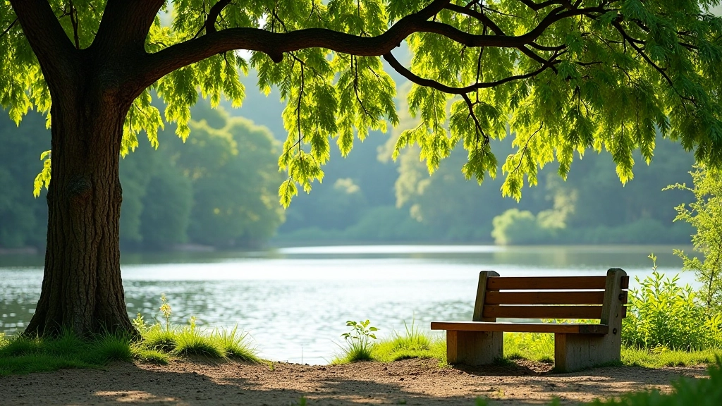 Parada de descanso con banco y árbol sombrío junto al río