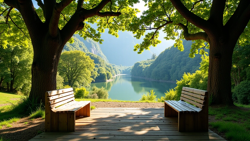 Parada de descanso en la ruta con bancos de madera bajo árboles frondosos y vista del río